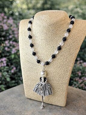 Handmade Lava Stone Necklace with Fashion Doll Pendant – Black & White Statement